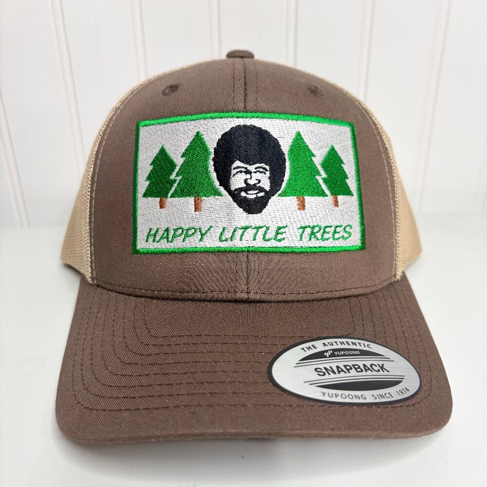 Happy Little Trees Embroidered Hat YP Retro Trucker Mesh Snapback Funny